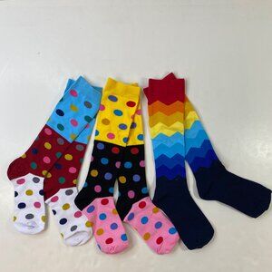 Unisex Knee High Socks Set 3 Rainbow Chevron Color Blocked Polka Dots Blue Red
